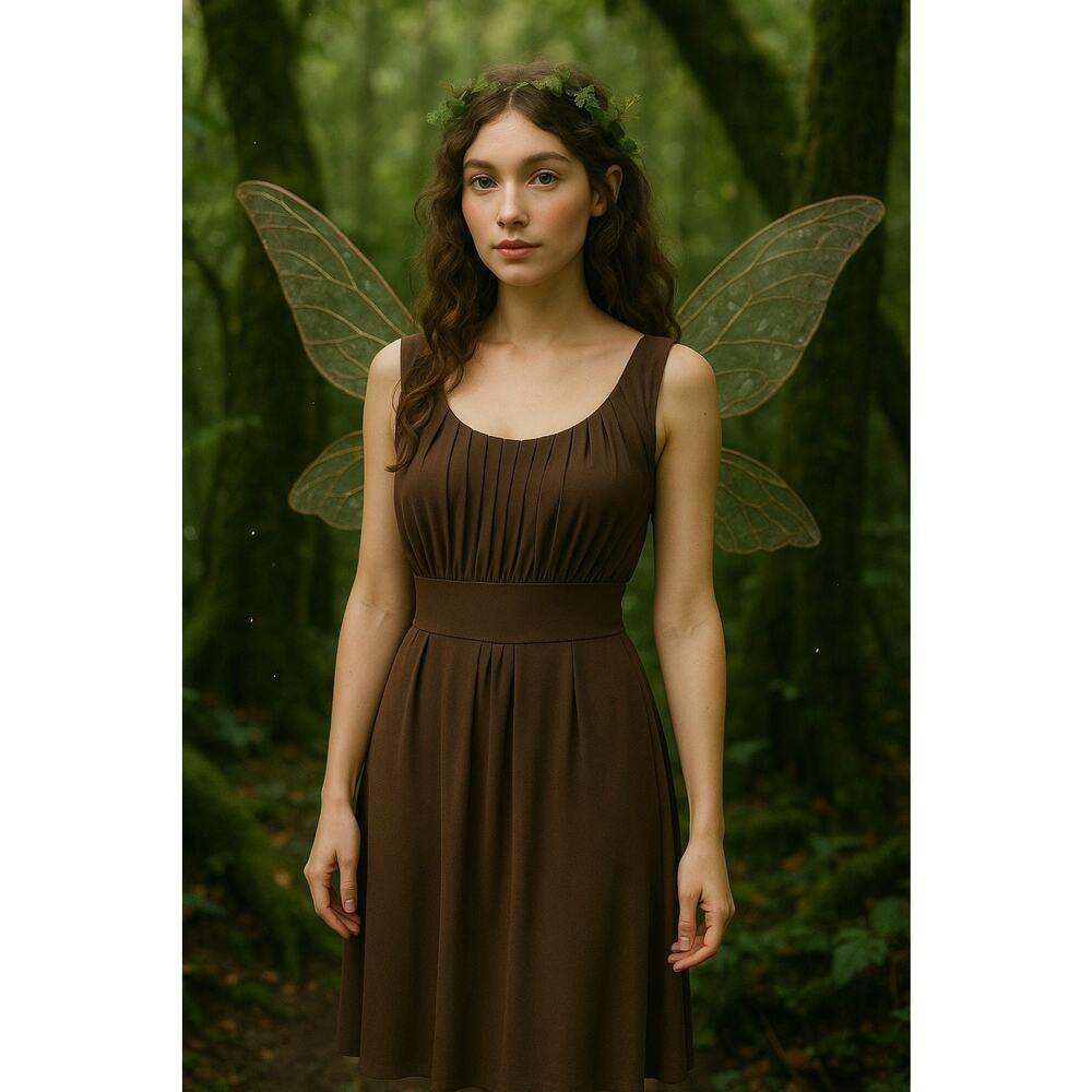VTG 90s Y2K Brown Milkmaid Prairie Pleated Tie Back Midi Dress Fairy Grunge 14